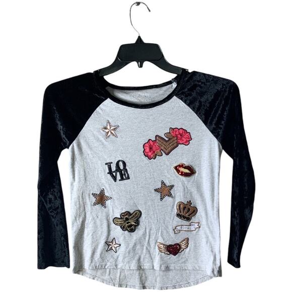 Place T-Shirt Womens Size XL 14 Bee Stars Heart Wings Patch Raglan Velvet Sleeve - Picture 3 of 7